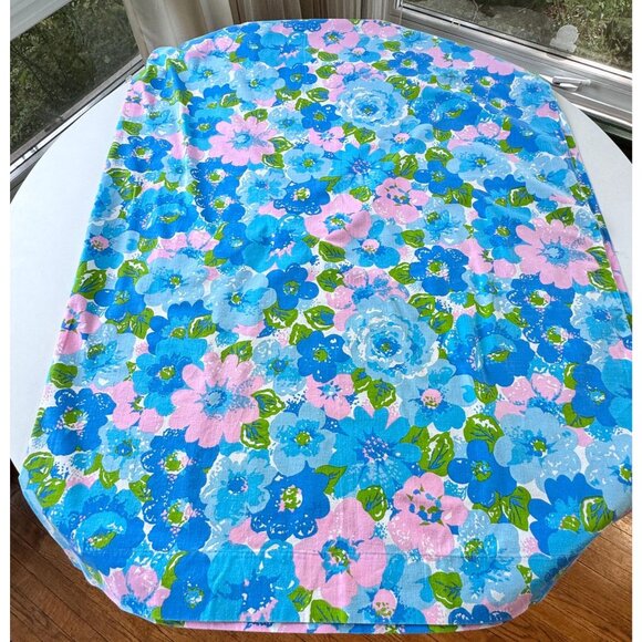 Vintage 70s flat/top sheet, blue pink floral bedsheet, twin size, Wabasso - Picture 1 of 5